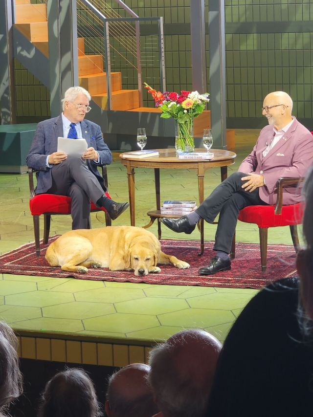 Mason the dog attends the book launch for Christopher Gaze memoir. 